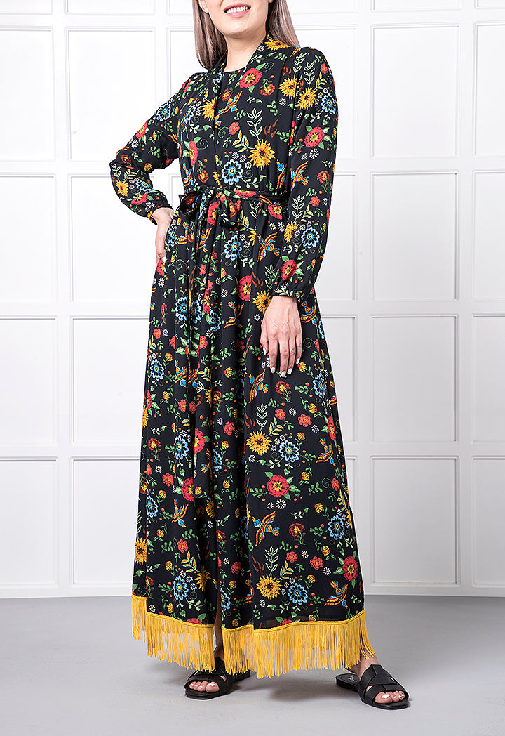 Floral Detailed Bottom Tassel Kimono Dress