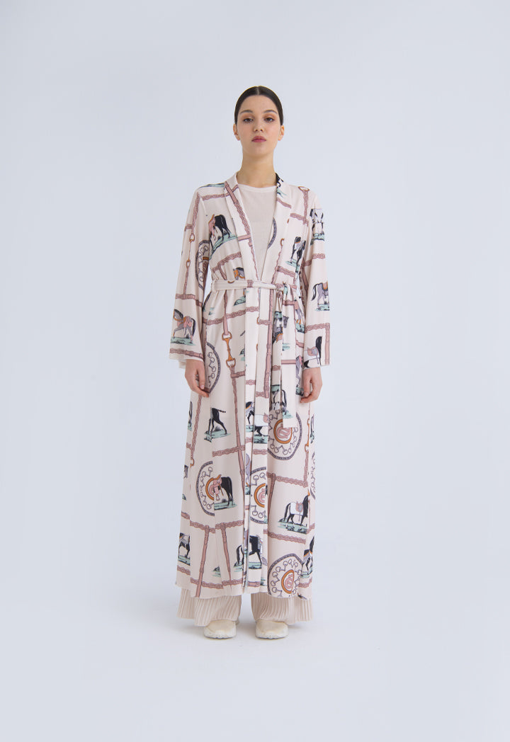 Printed Knit Open Front Drape Abaya