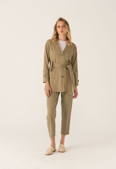 V-Neck Front Open Linen Solid Outerwear