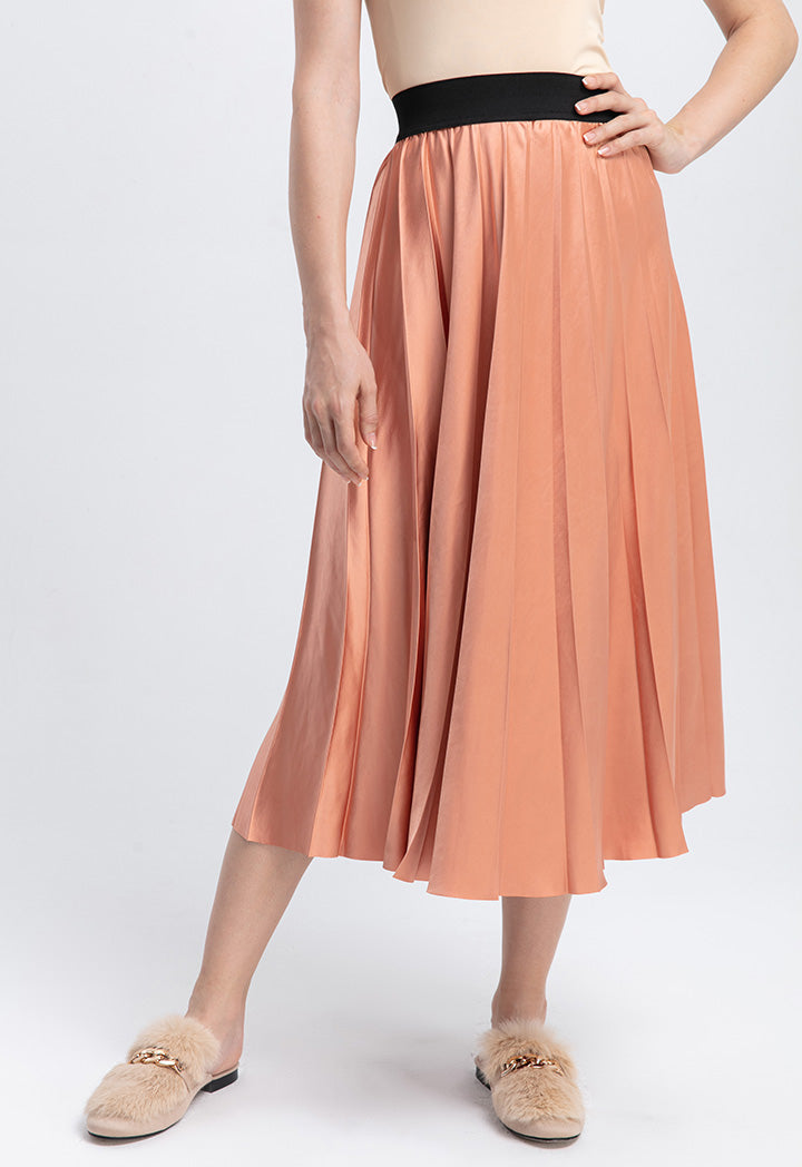 Contrast Color Exposed Waist Elastic Pleated Skirt