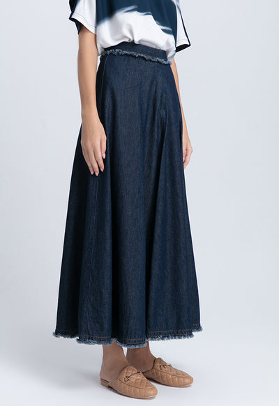 Fringed A-Line Denim Long Skirt