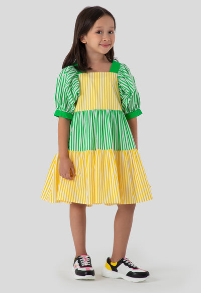 Striped Color Block Square Neck Dress