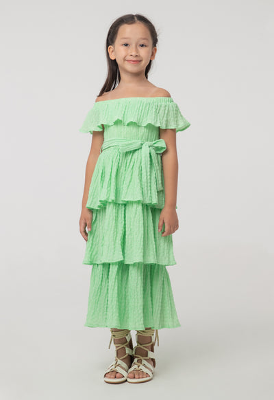 Solid Seersucker Off-The-Shoulder Tiered Dress