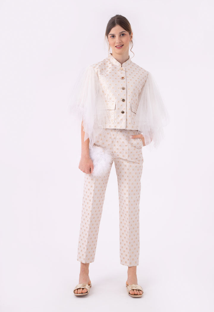 Metallic Lurex Jacquard Tulle Overlay Sleeve Jacket And Pants Set