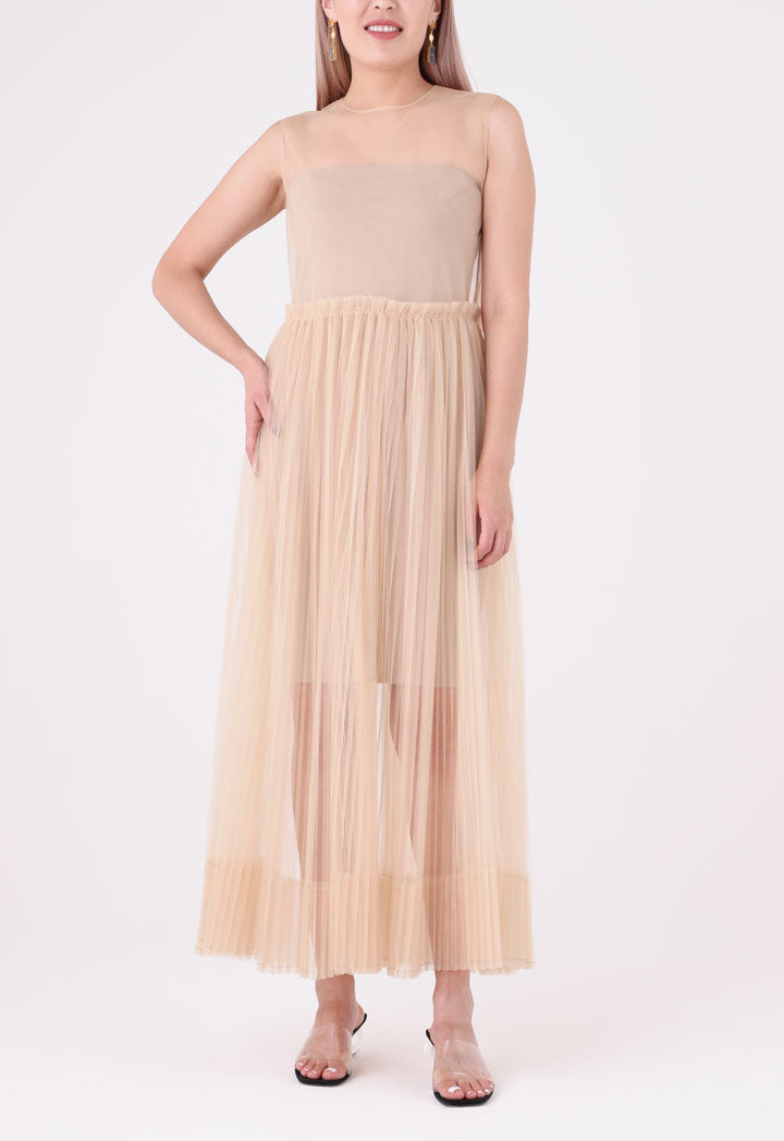 Tan Mesh Tulle Sleeveless Outer Dress