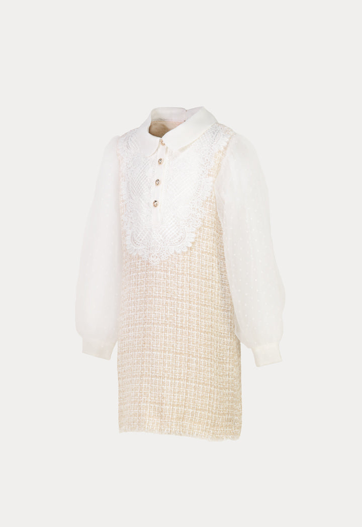 Lurex Tweed Lace Bib Balloon Long Sleeve Dress