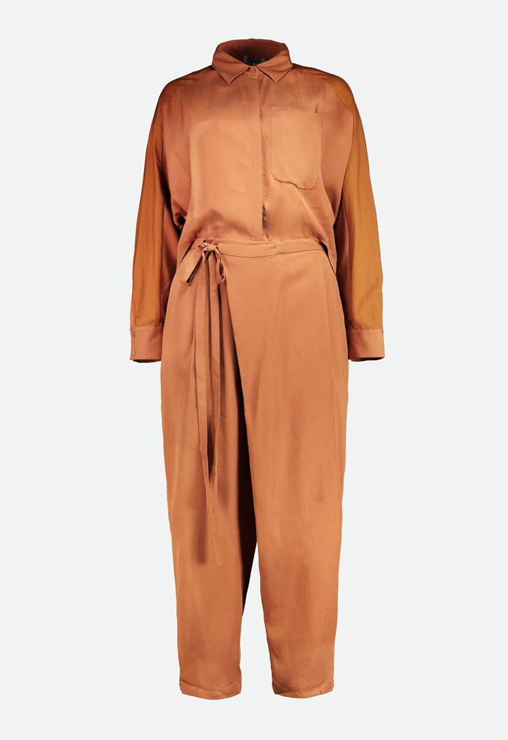 Brown Tie Front Overlap Jumpsuit