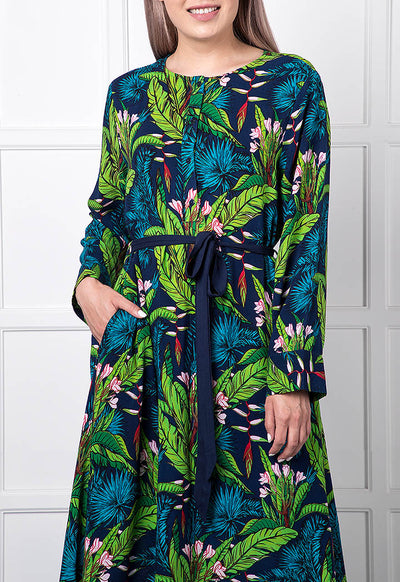 Tropical Print Belted Maxi Dress