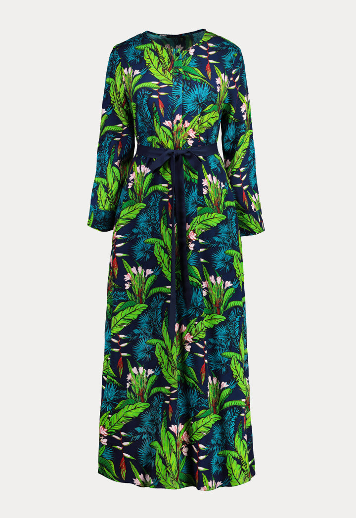 Tropical Print Belted Maxi Dress