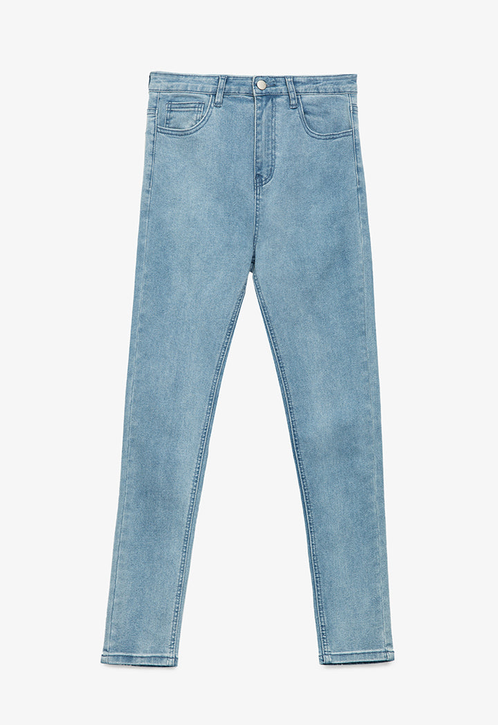 Solid Denim Pants With Back Pockets