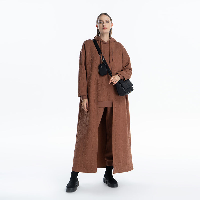 Letter Textured Solid Maxi Open Winter Bisht