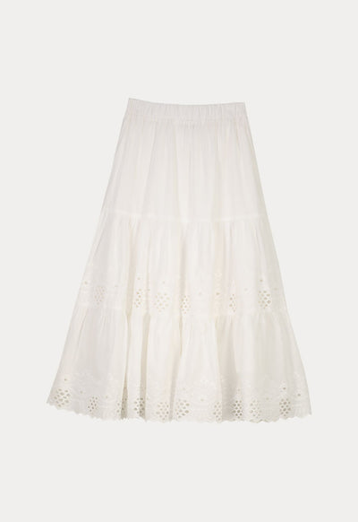 Solid Schiffli Tiered Lace Midi Skirt