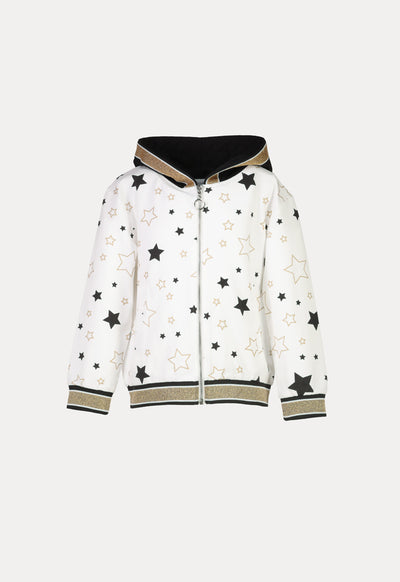 Lurex Flat Knit Rib Trim Printed Hoodie Jacket