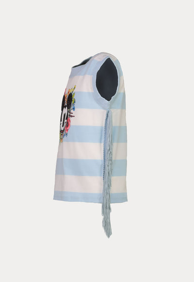 Mickey Mouse Striped Side Tassel Sleeveless T-Shirt