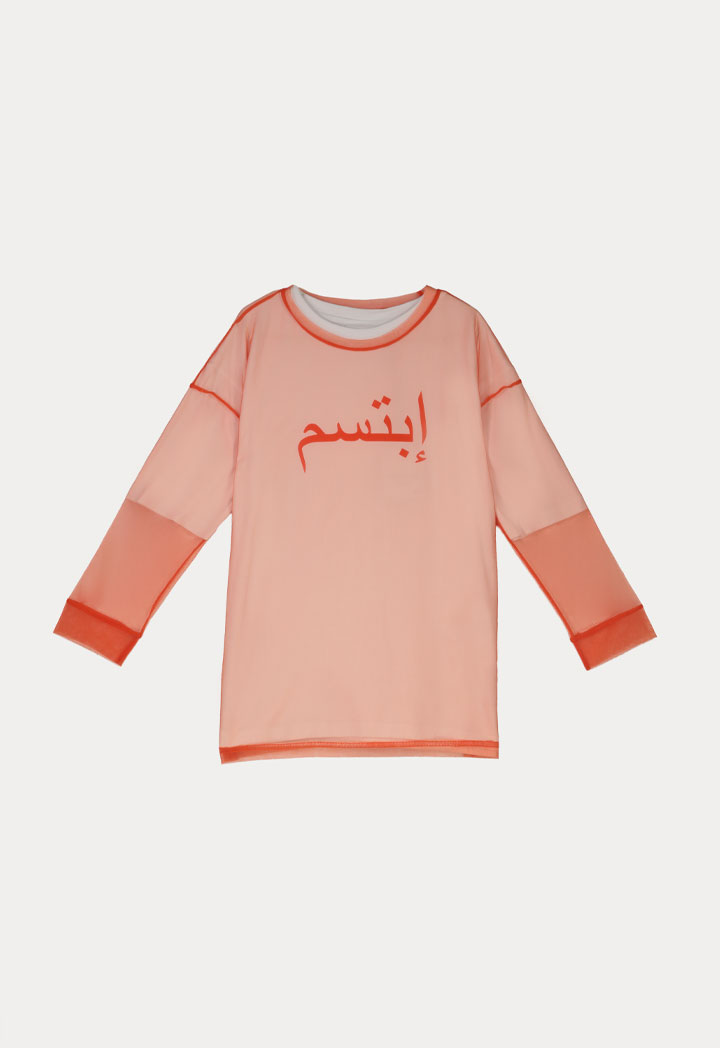 Arabic Text Jersey Tulle Overlay Blouse