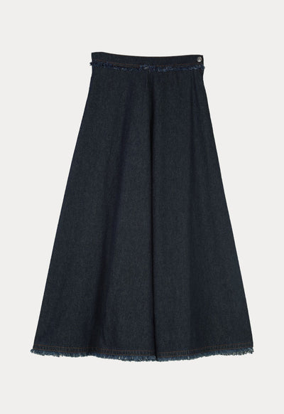 Fringed A-Line Denim Long Skirt