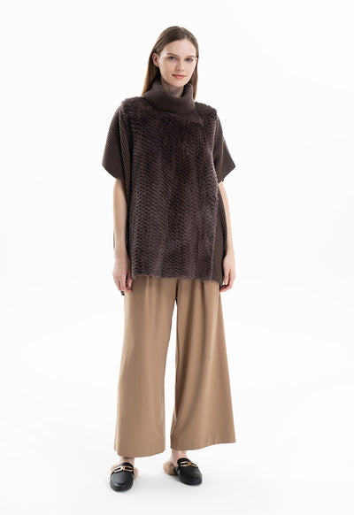 Faux Fur Hem Slip On Knitted Poncho