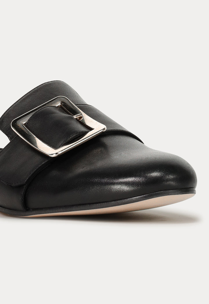 Round Toe Buckled Flat Mules