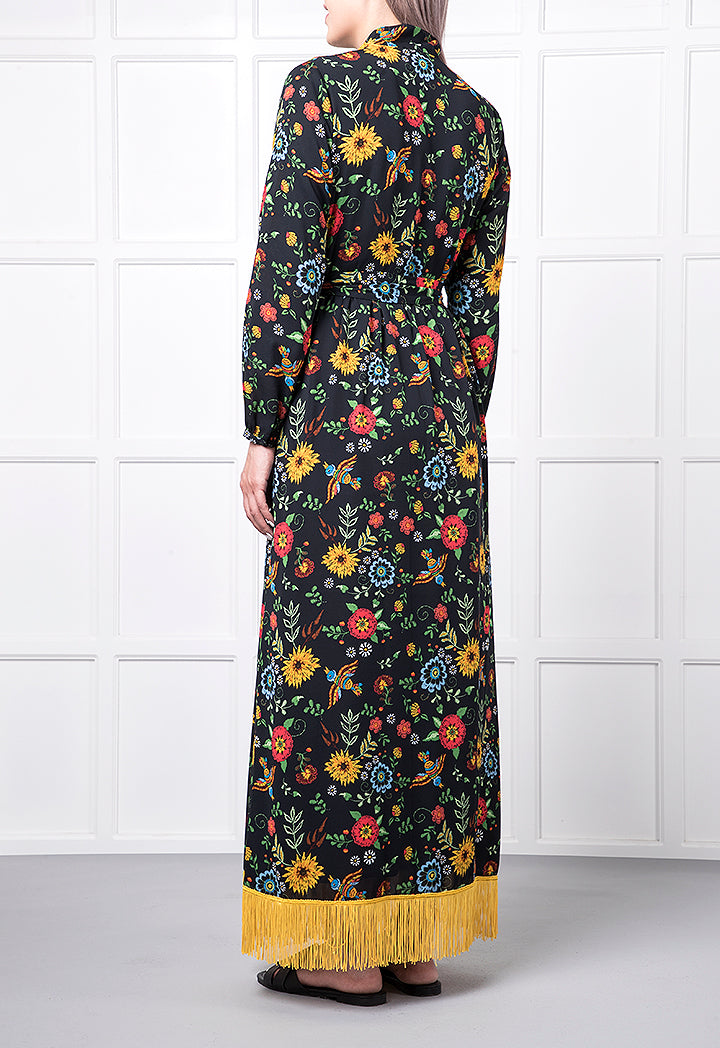 Floral Detailed Bottom Tassel Kimono Dress