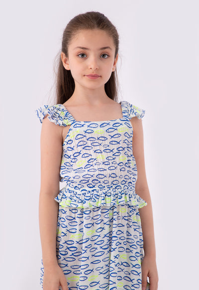 Square Neck Ruffle Cap Sleeve Printed Jumpshort