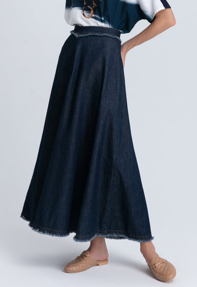 Fringed A-Line Denim Long Skirt