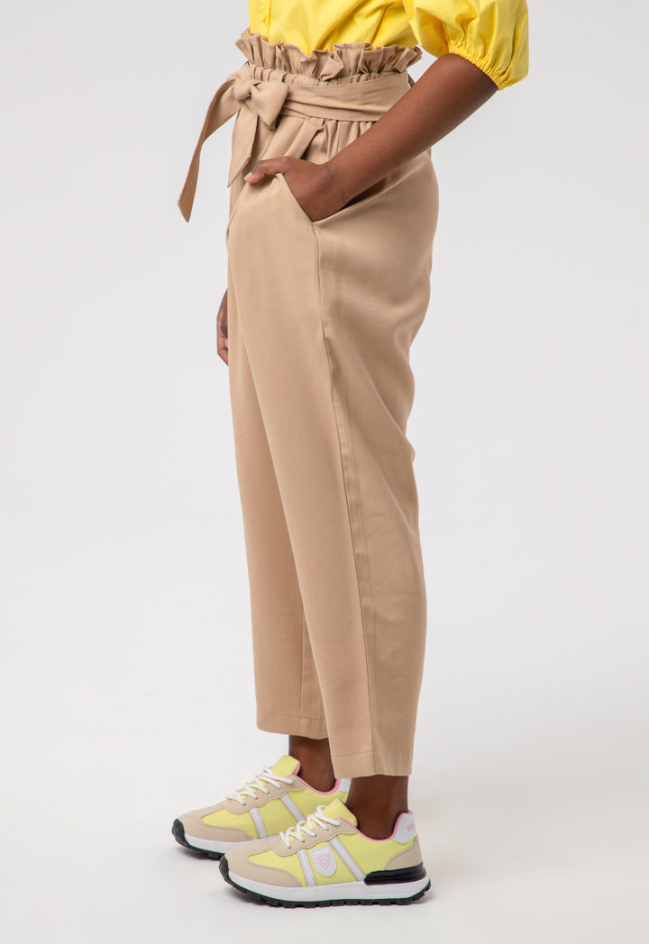 Solid Ruffle Belted Paper Bag Trouser