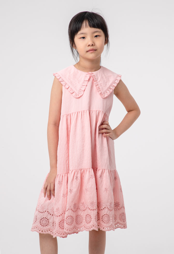 Embroider Stripe Ruffle Tiered Sleeveless Dress