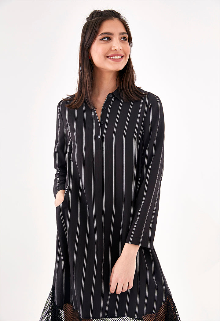 Mesh Hem Striped Shirt Dress