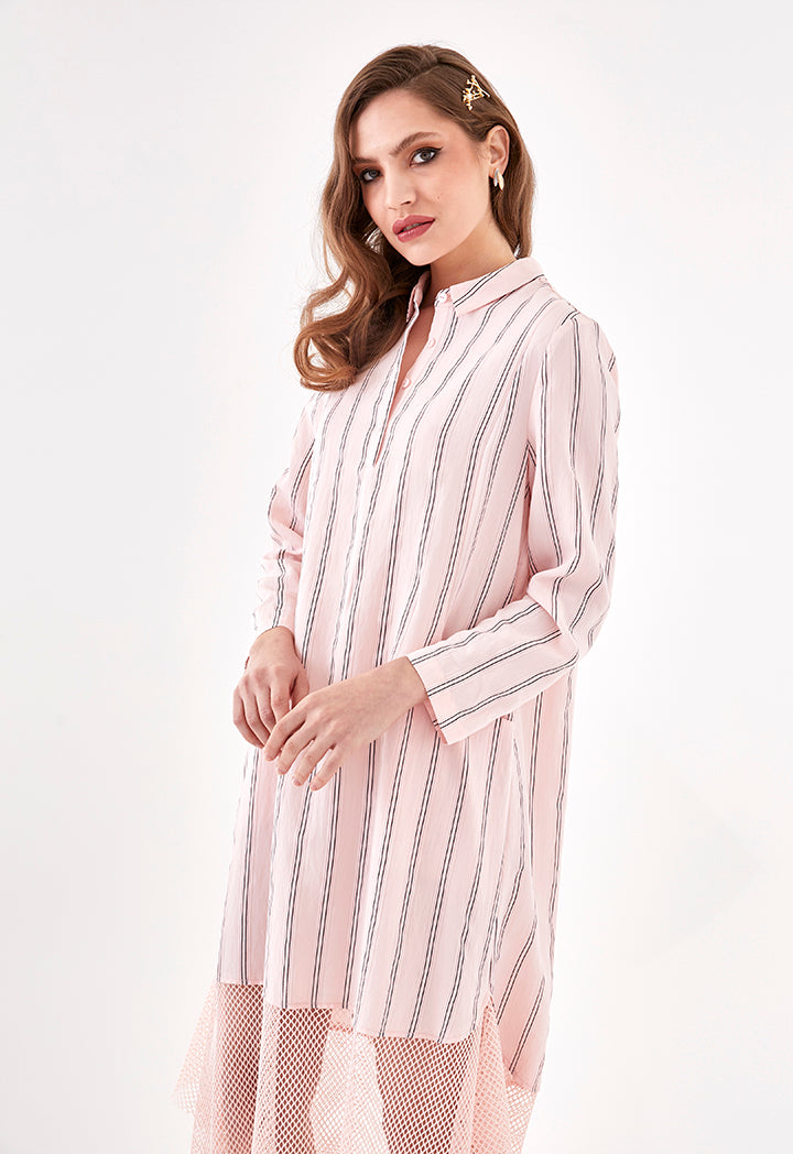 Mesh Hem Striped Shirt Dress