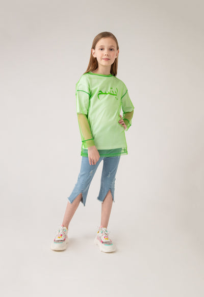 Arabic Text Jersey Tulle Overlay Blouse