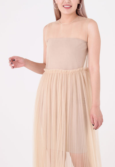 Tan Mesh Tulle Sleeveless Outer Dress