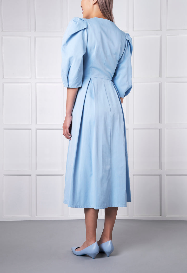 Pleated Puff Sleeve Button Down Dress