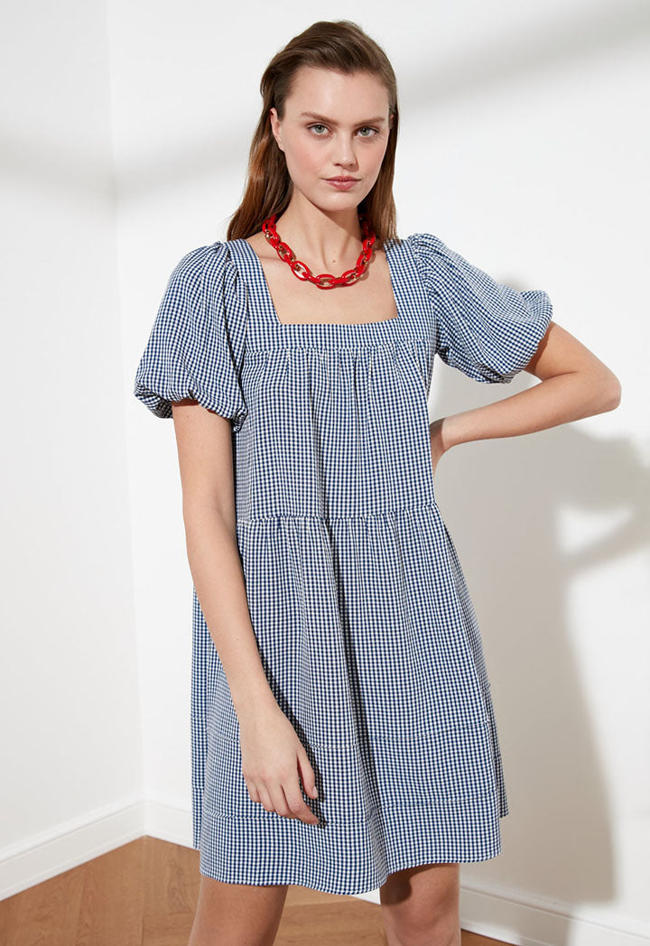 Checkered Puff Sleeve Dress