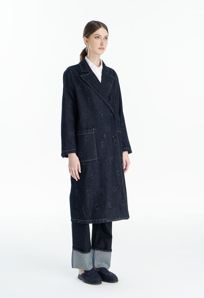 Choice Printed Denim Textured Long Coat