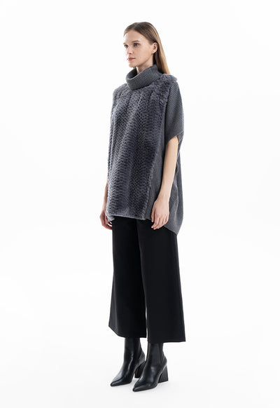 Faux Fur Hem Slip On Knitted Poncho