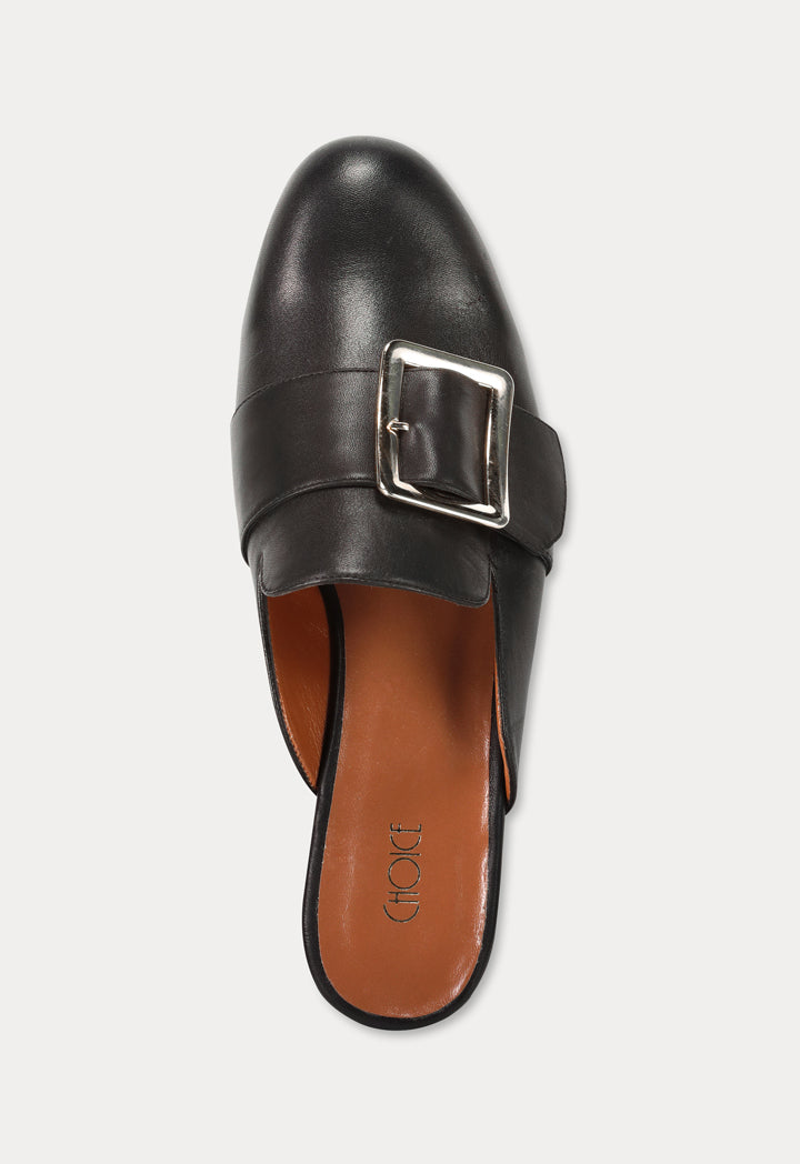 Round Toe Buckled Flat Mules