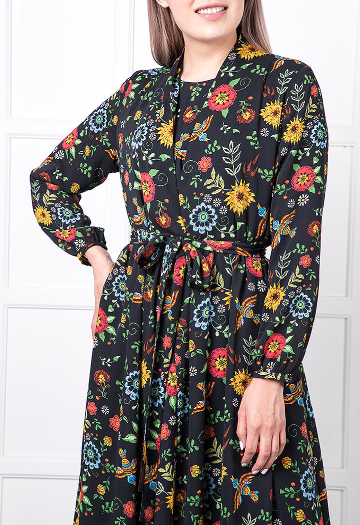 Floral Detailed Bottom Tassel Kimono Dress