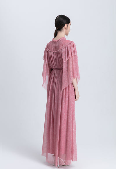 Smocked Neck Ruffle Lurex Maxi Dress