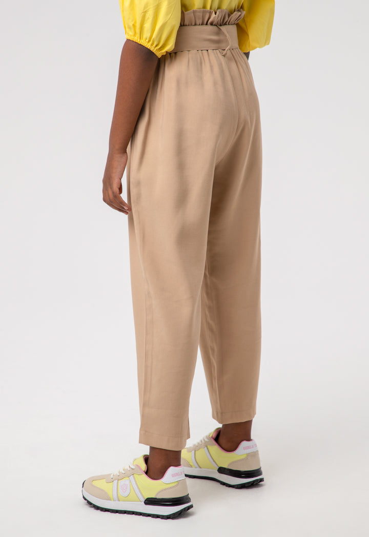 Solid Ruffle Belted Paper Bag Trouser