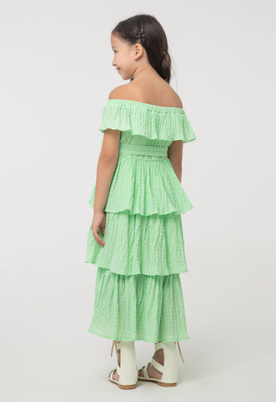 Solid Seersucker Off-The-Shoulder Tiered Dress