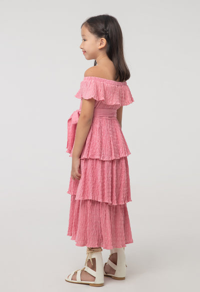 Solid Seersucker Off-The-Shoulder Tiered Dress