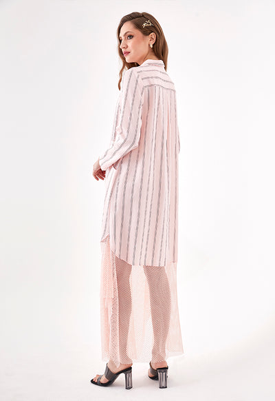 Mesh Hem Striped Shirt Dress