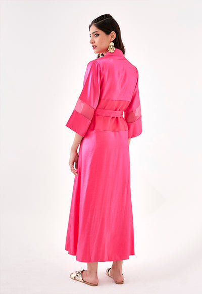 Sheer Trim Belted Maxi Kimono