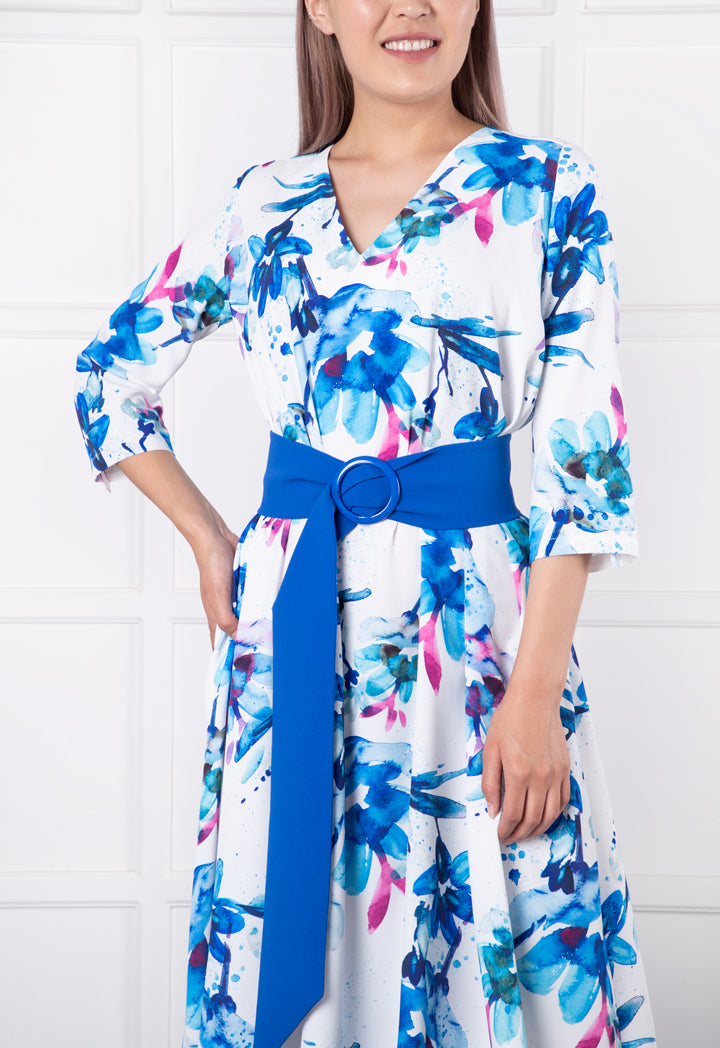 Printed Belted Midi Dress