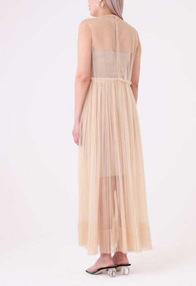 Tan Mesh Tulle Sleeveless Outer Dress