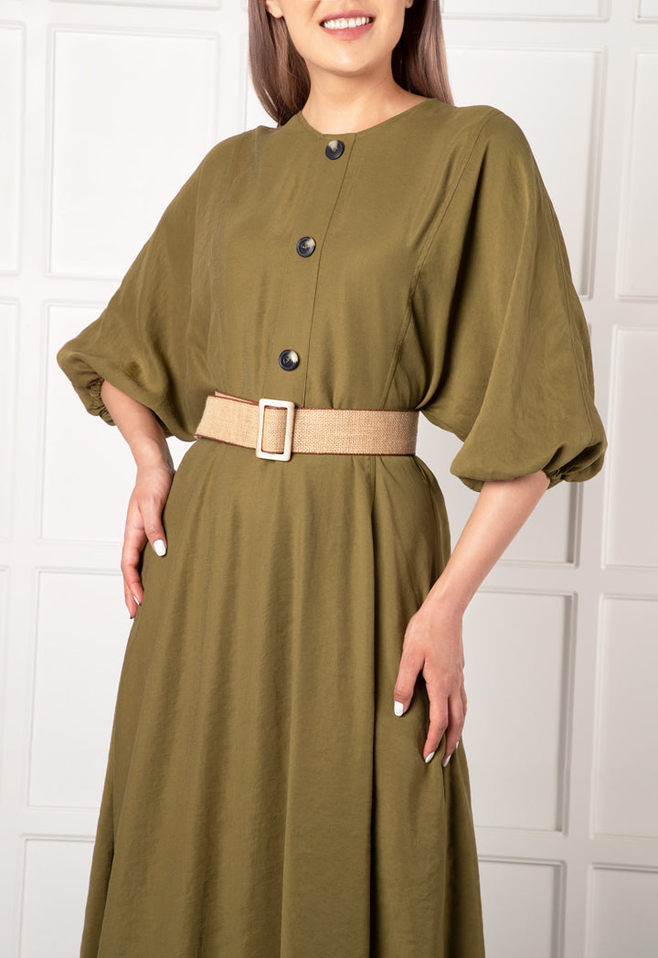 Faux Button Puff Sleeve Dress