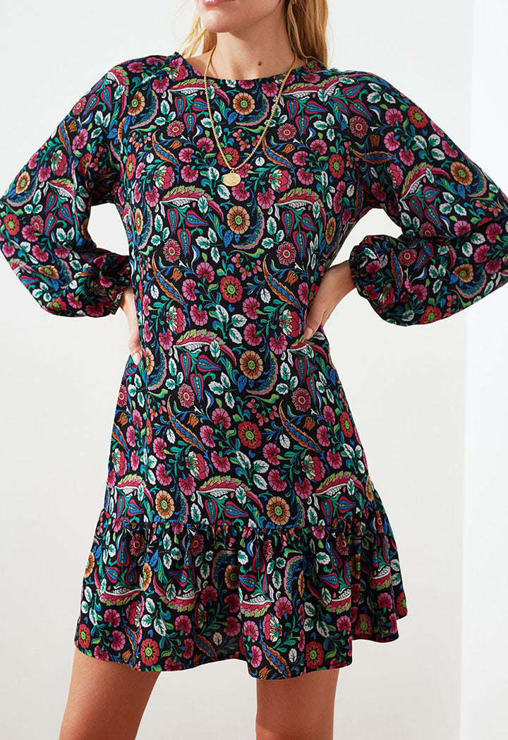 Gathered Hem Floral Print Dress