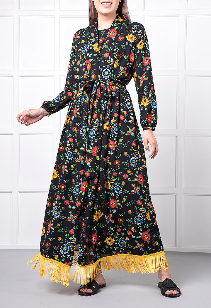 Floral Detailed Bottom Tassel Kimono Dress