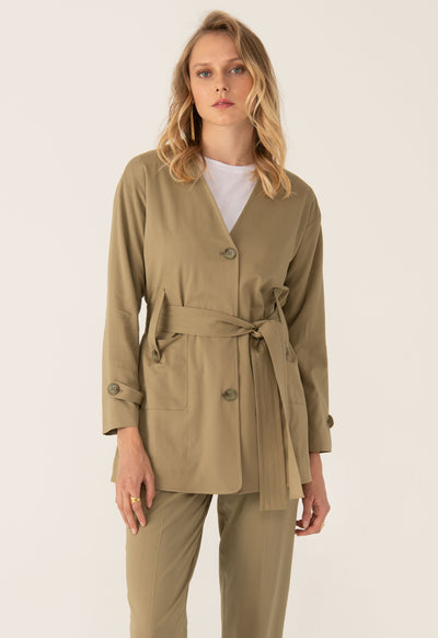 V-Neck Front Open Linen Solid Outerwear