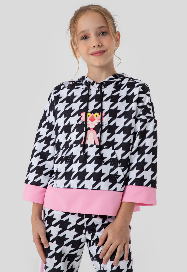 Pink Panther Houndstooth Print Hoodie Blouse